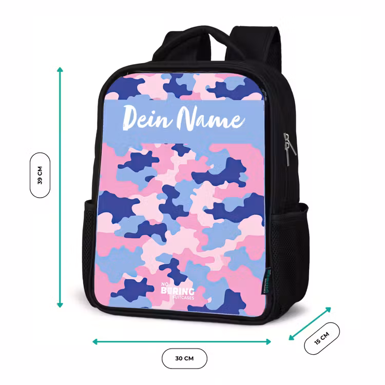 Camouflage - Roze - Blauw Rugzak - Zwart middel -productfoto_formaten