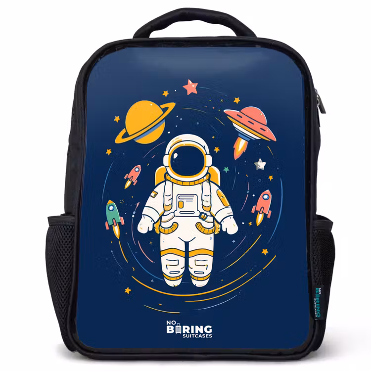 Astronaut - Planeet - Sterren - Raket Rugzak - Zwart middel -3d