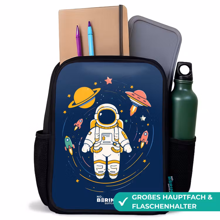 Astronaut - Planeet - Sterren - Raket Rugzak - Zwart middel -inhoud_DE