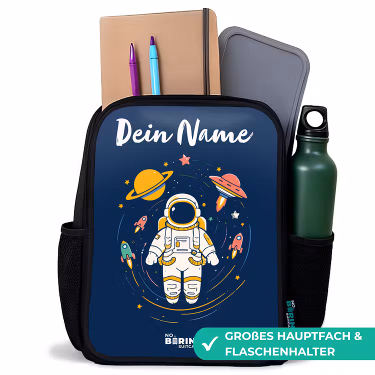 Astronaut - Planeet - Sterren - Raket Rugzak - Zwart middel -inhoud_DE