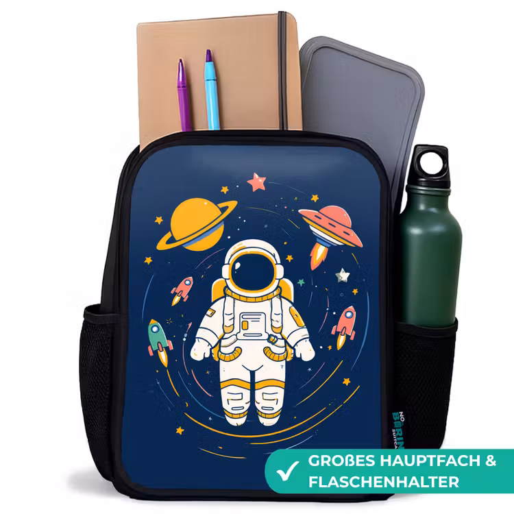 Astronaut - Planeten - Raket Rugzak - Zwart middel -inhoud_DE