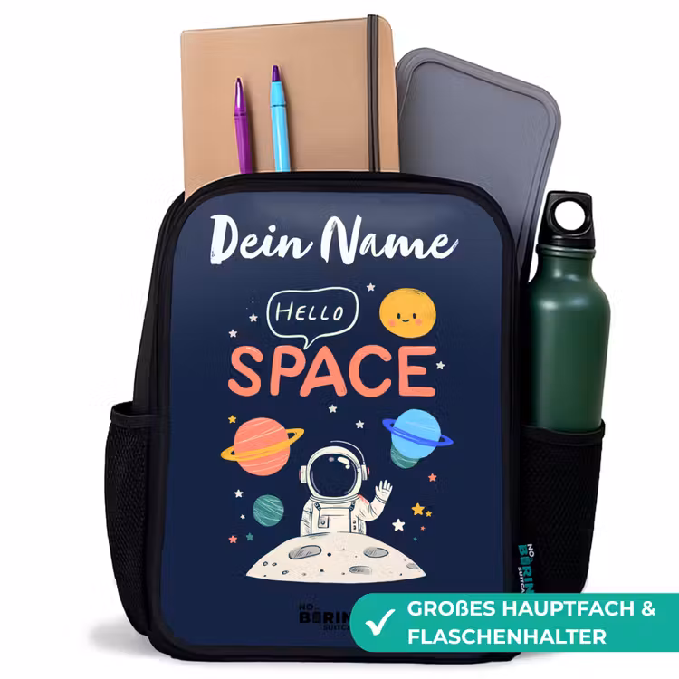 Astronaut - Quote - Planeten - Sterren Rugzak - Zwart middel -inhoud_DE