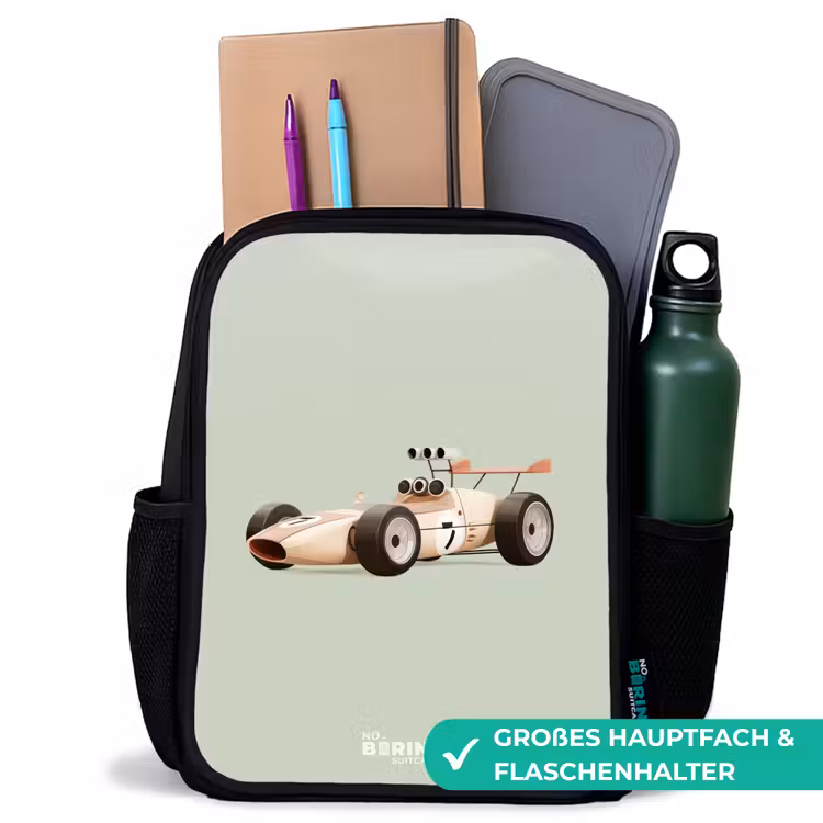 Beige retro raceauto op groen achtergrond Rugzak - Zwart middel -inhoud_DE