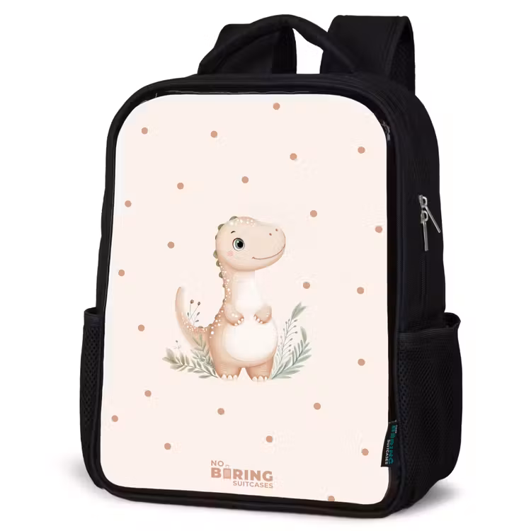 Beige dino op een stippen achtergrond Rugzak - Zwart middel -schuin