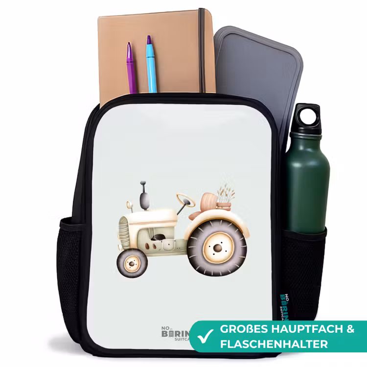 Beige vintage tractor in pastel groene kleuren Rugzak - Zwart middel -inhoud_DE
