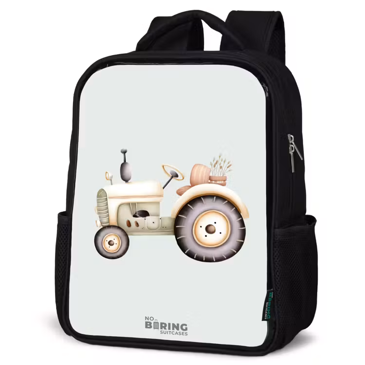 Beige vintage tractor in pastel groene kleuren Rugzak - Zwart middel -schuin