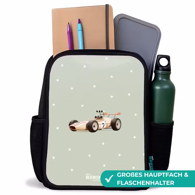 Beige retro raceauto op groene stippen achtergrond Rugzak - Zwart middel -inhoud_DE