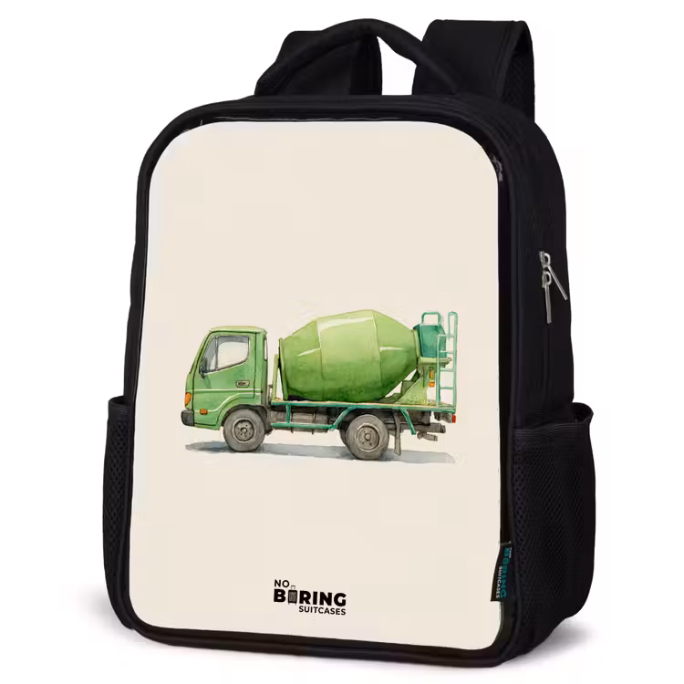 Betonmixer - Getekend - Groen Rugzak - Zwart middel -schuin