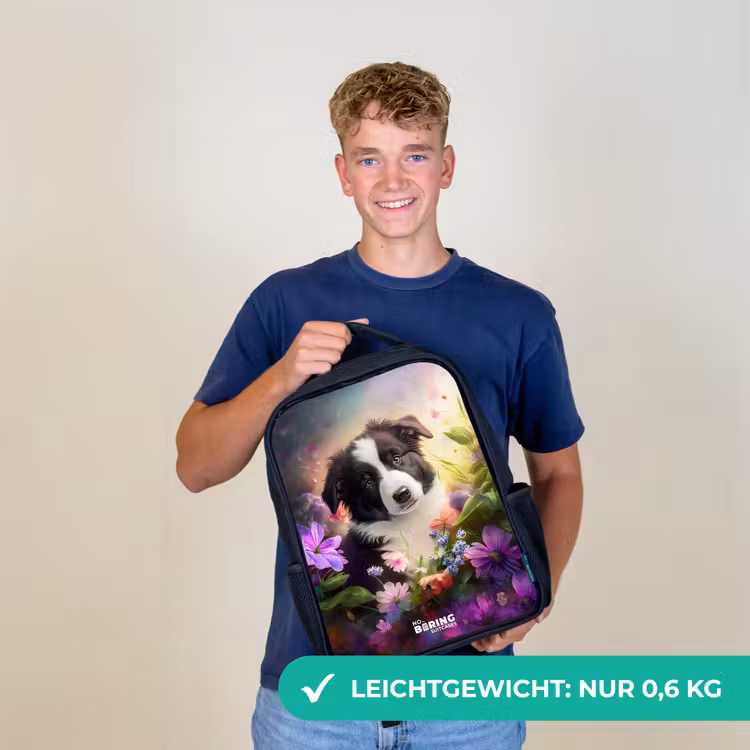 Hond met blauwe ogen in een veld Rugzak - Zwart middel -sfeer7_DE