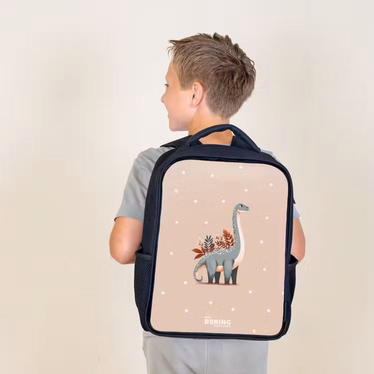 Blauwe dinosaurus op een beige stippenachtergrond Rugzak - Zwart middel -sfeer2