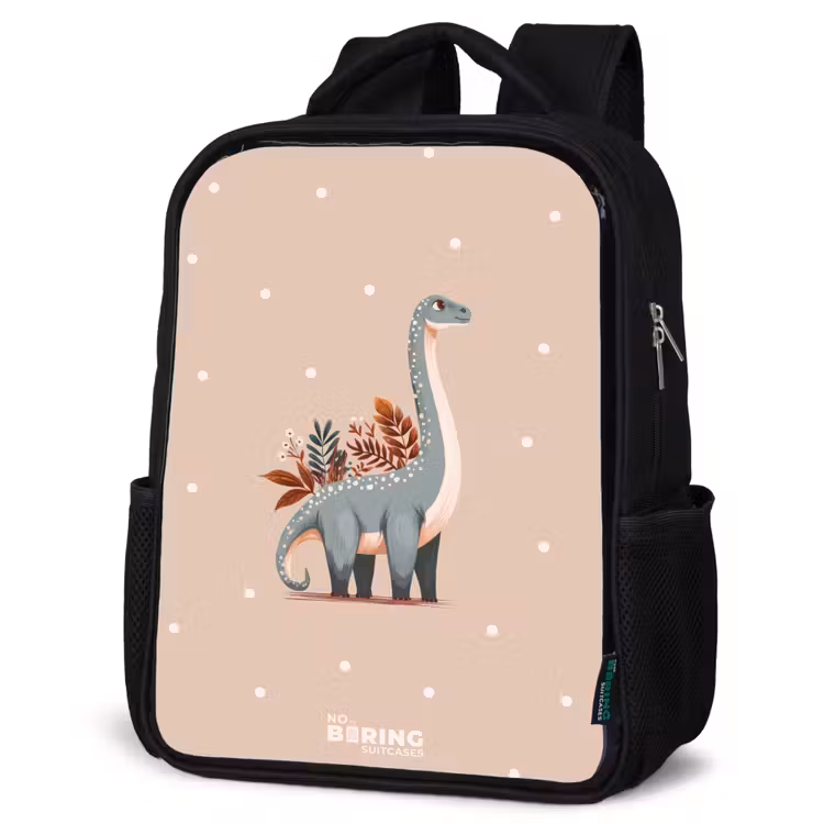 Blauwe dinosaurus op een beige stippenachtergrond Rugzak - Zwart middel -schuin