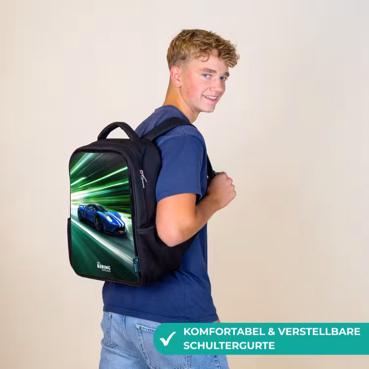 Blauwe raceauto met strepen in groene tunnel Rugzak - Zwart middel -sfeer9_DE