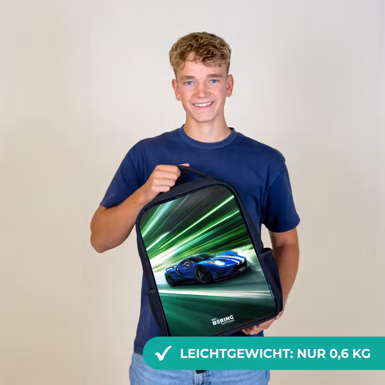 Blauwe raceauto met strepen in groene tunnel Rugzak - Zwart middel -sfeer7_DE