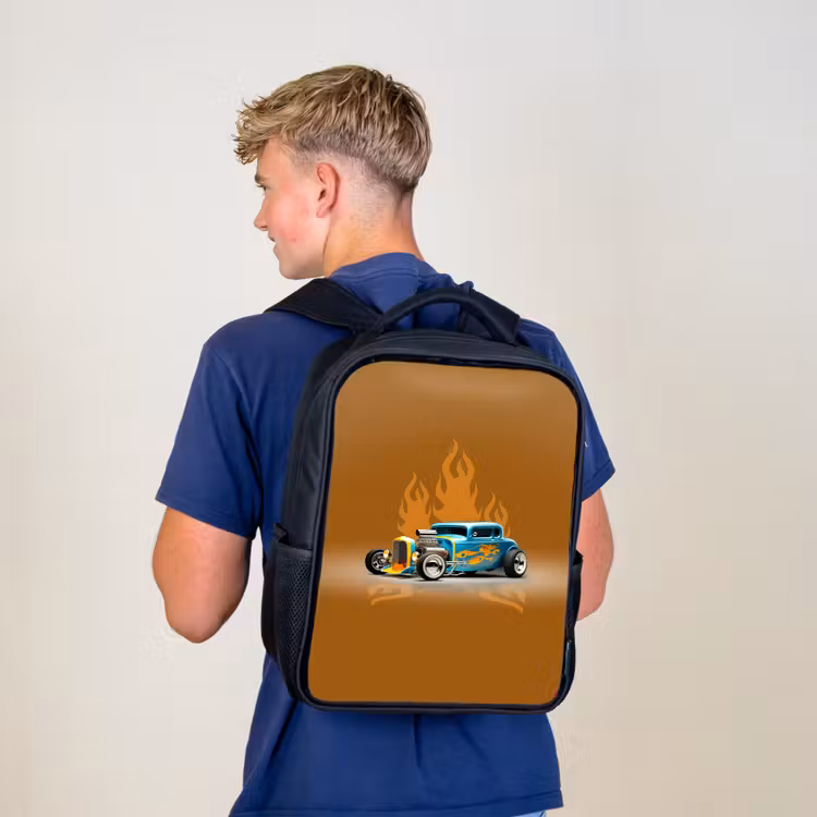 Blauwe auto met gele vlammen Rugzak - Zwart middel -sfeer8