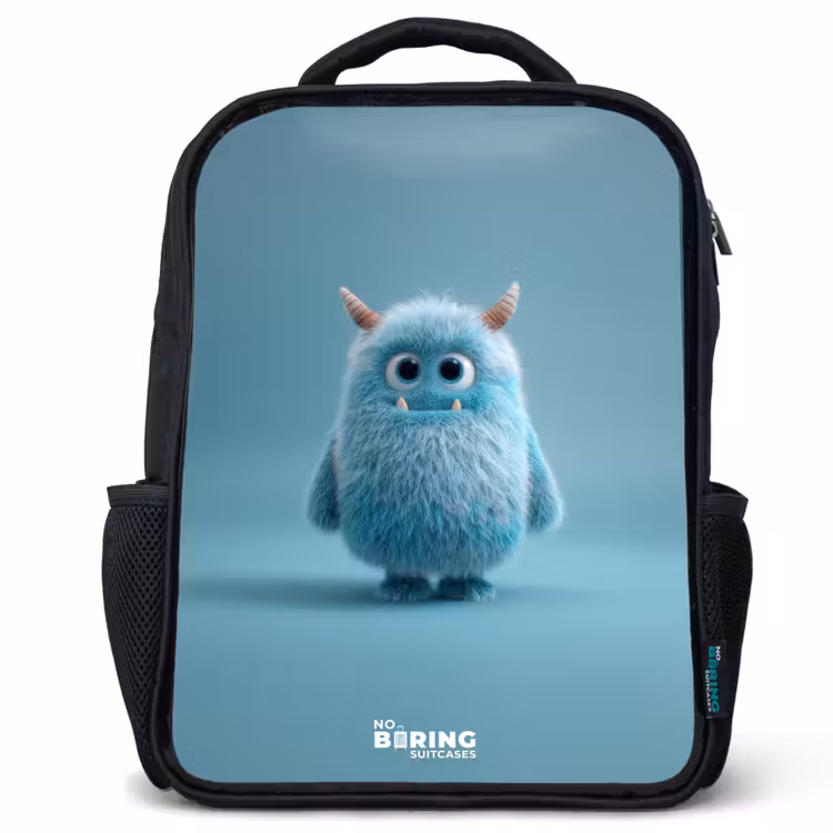 Blauw pluizig monster met hoorns Rugzak - Zwart middel -3d