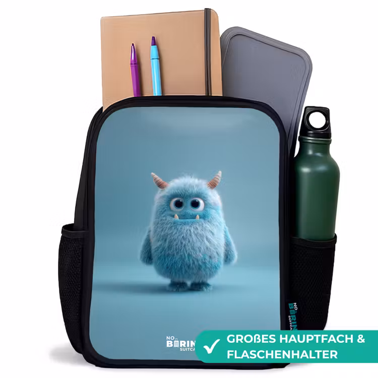 Blauw pluizig monster met hoorns Rugzak - Zwart middel -inhoud_DE
