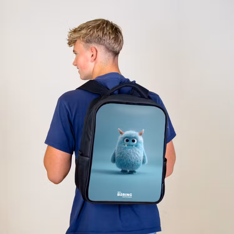 Blauw pluizig monster met hoorns Rugzak - Zwart middel -sfeer8
