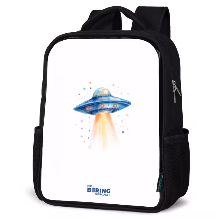 Blauw ruimteschip met lichtstraal Rugzak - Zwart middel -schuin