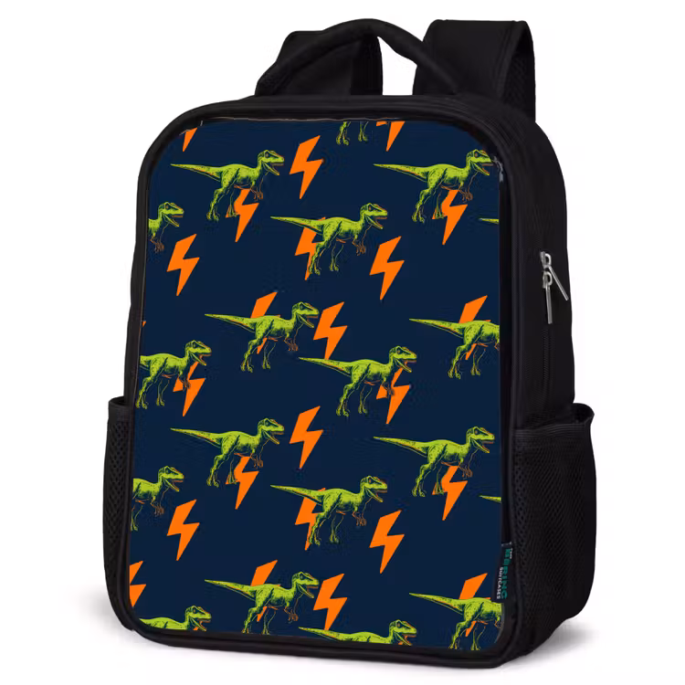 Bliksemschichten - Oranje - Dinosaurussen Rugzak - Zwart middel -schuin
