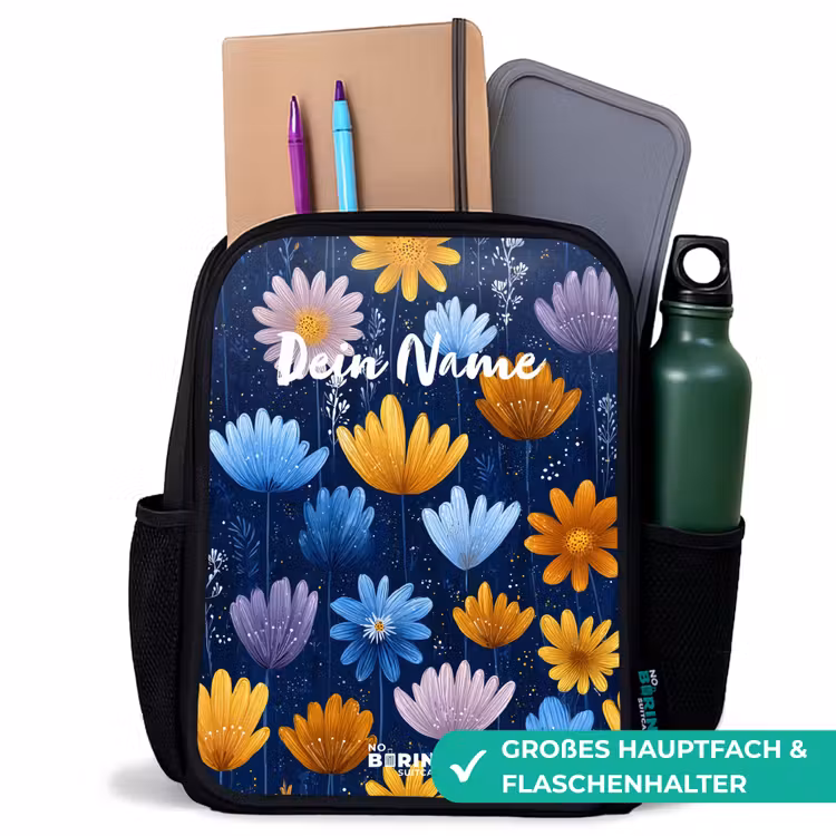 Bloemen op een donkerblauwe achtergrond Rugzak - Zwart middel -inhoud_DE