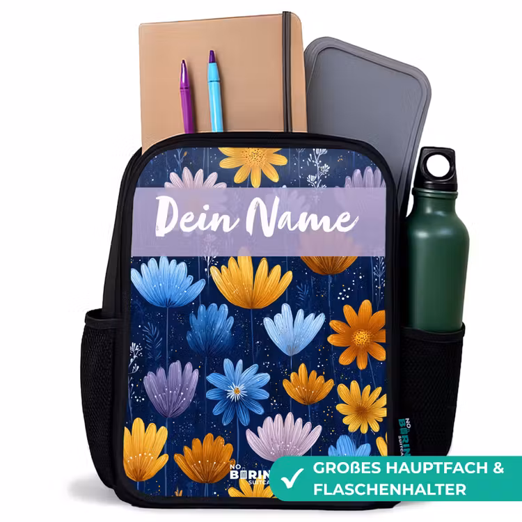 Bloemen - Patroon - Blauw Rugzak - Zwart middel -inhoud_DE
