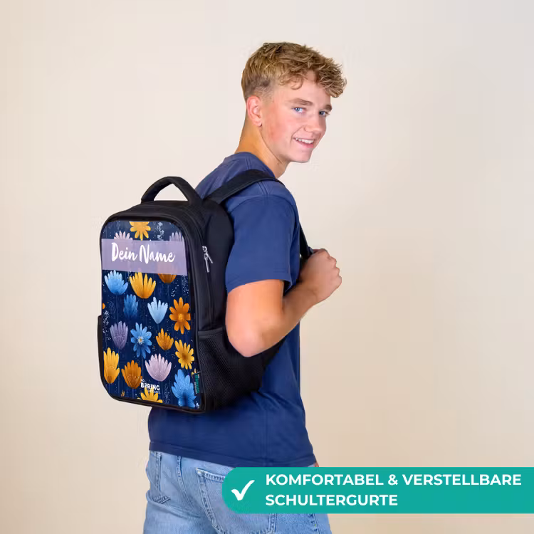 Bloemen - Patroon - Blauw Rugzak - Zwart middel -sfeer9_DE