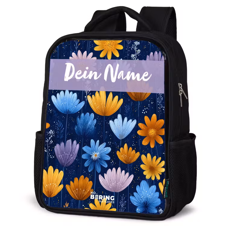 Bloemen - Patroon - Blauw Rugzak - Zwart middel -schuin