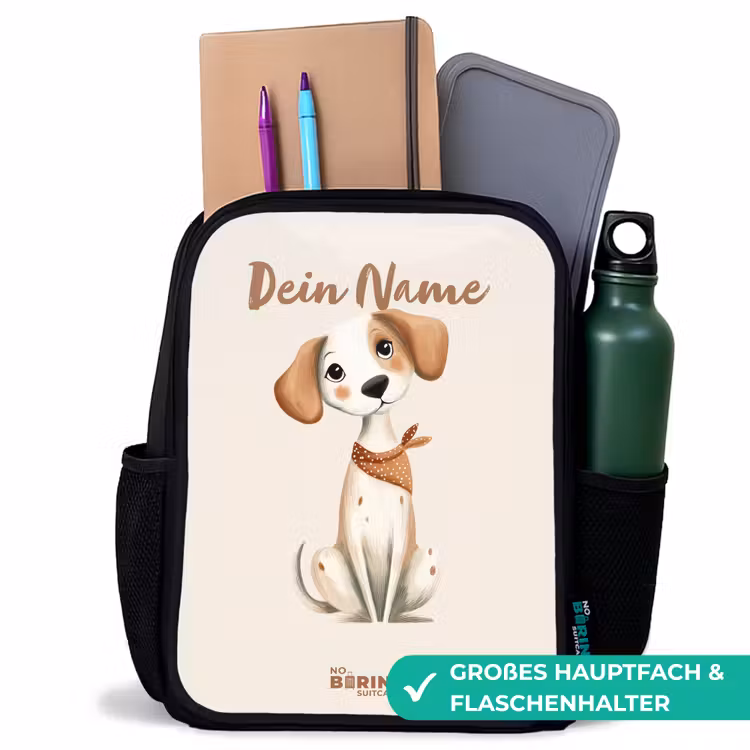 Bruin gevlekte pup op een beige achtergrond Rugzak - Zwart middel -inhoud_DE