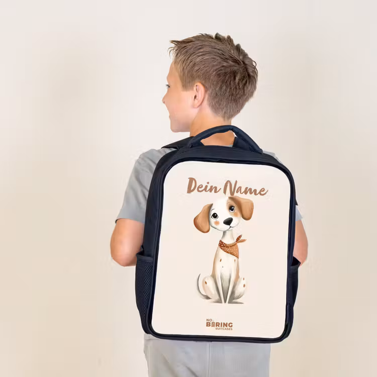 Bruin gevlekte pup op een beige achtergrond Rugzak - Zwart middel -sfeer2