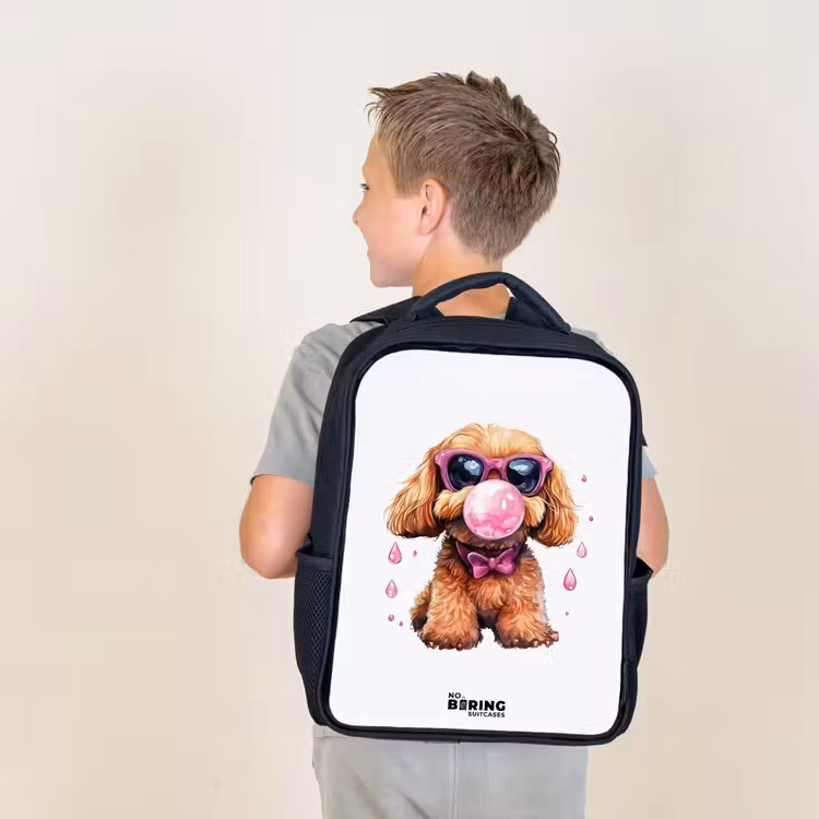 Bruine hond met roze bril en kauwgombal Rugzak - Zwart middel -sfeer2