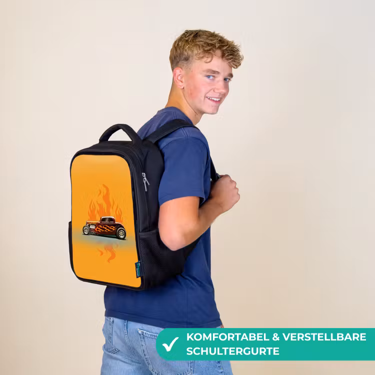 Bruine auto met gele vlammen Rugzak - Zwart middel -sfeer9_DE