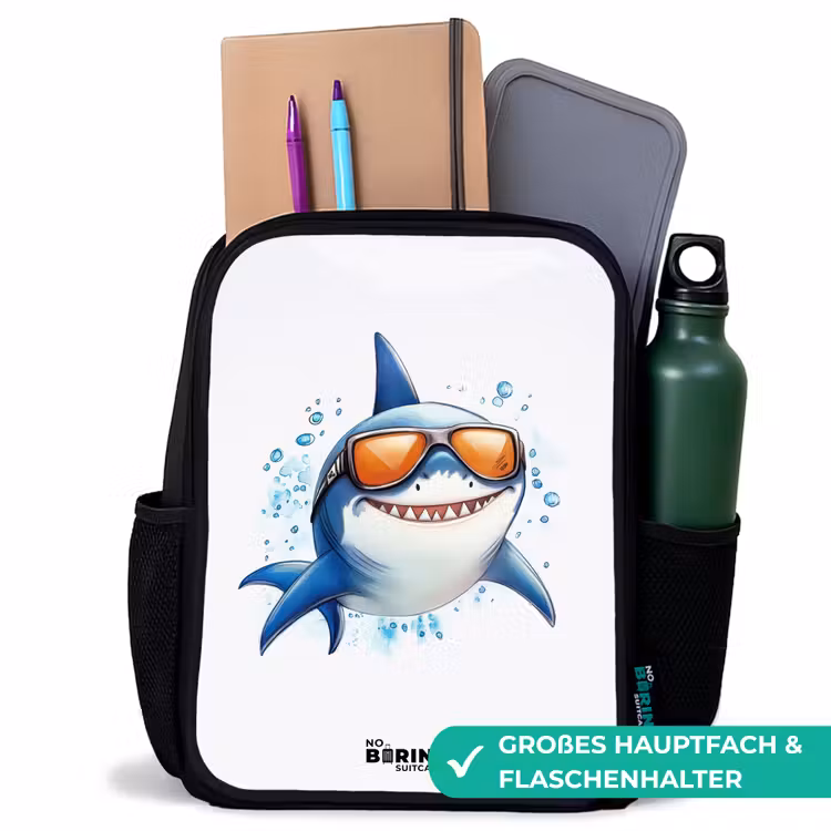 Coole haai met zonnebril in het water Rugzak - Zwart middel -inhoud_DE