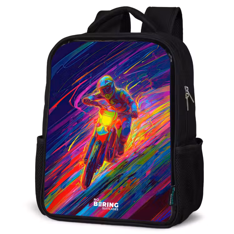 Crossmotor - Neonkleuren - Lijnen - Helm Rugzak - Zwart middel -schuin