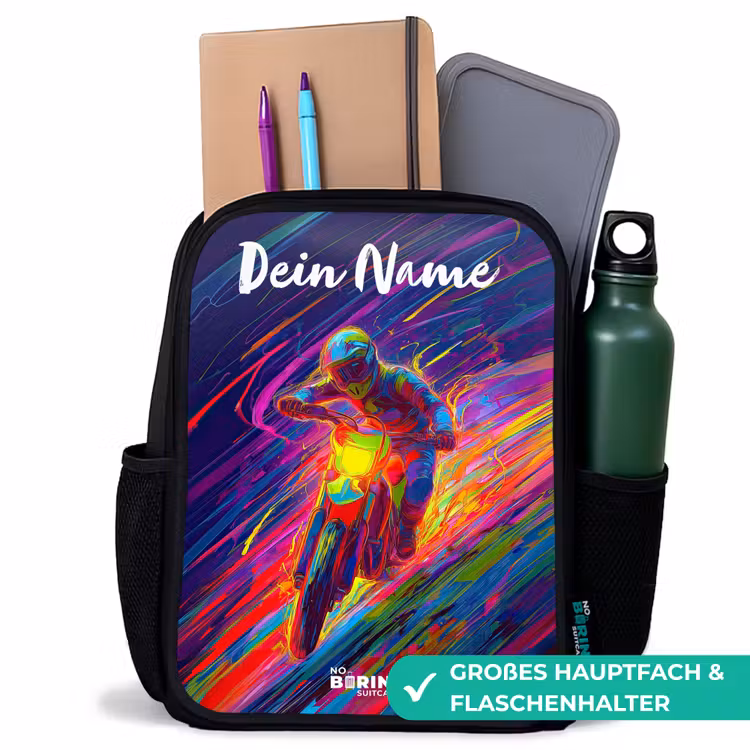 Crossmotor - Neonkleuren - Lijnen - Helm Rugzak - Zwart middel -inhoud_DE