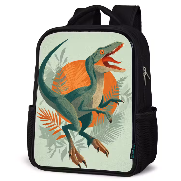 Dino - Bladeren - Grafisch - Groen Rugzak - Zwart middel -schuin