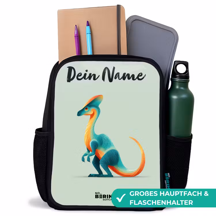 Dino - Blauw - Dier Rugzak - Zwart middel -inhoud_DE