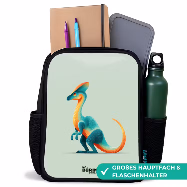 Dino - Blauw - Dier Rugzak - Zwart middel -inhoud_DE