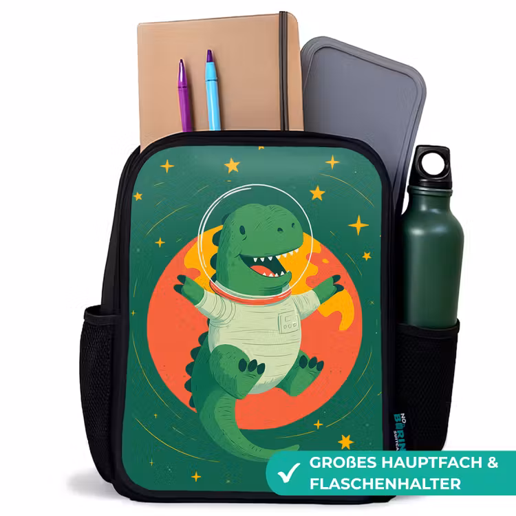 Dino - Groen - Planeet Rugzak - Zwart middel -inhoud_DE