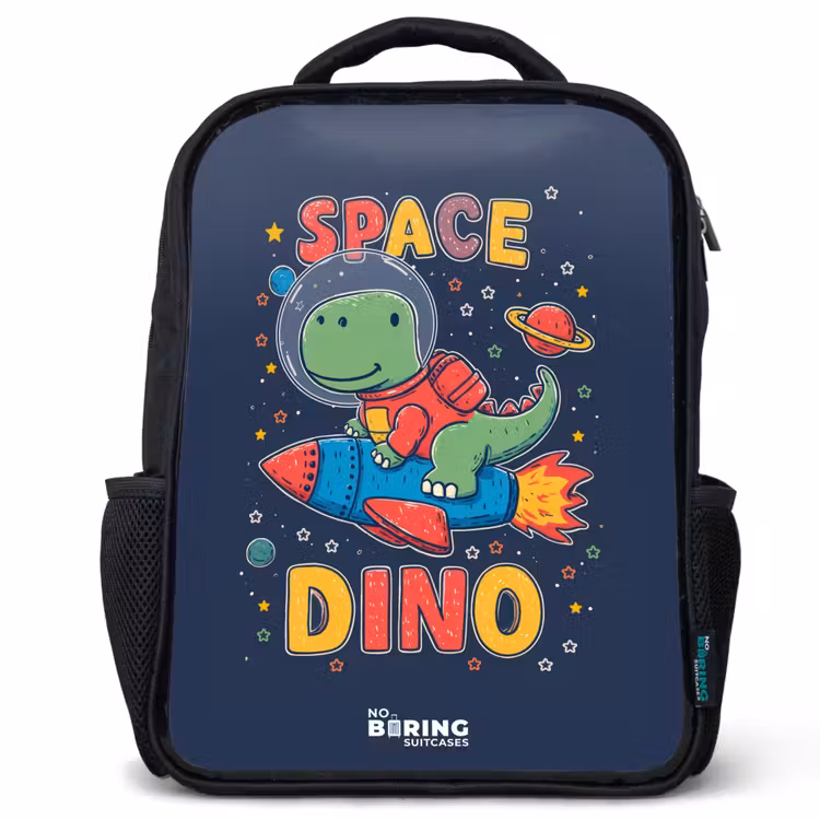 Dino - Groen - Raket - Sterren Rugzak - Zwart middel -3d