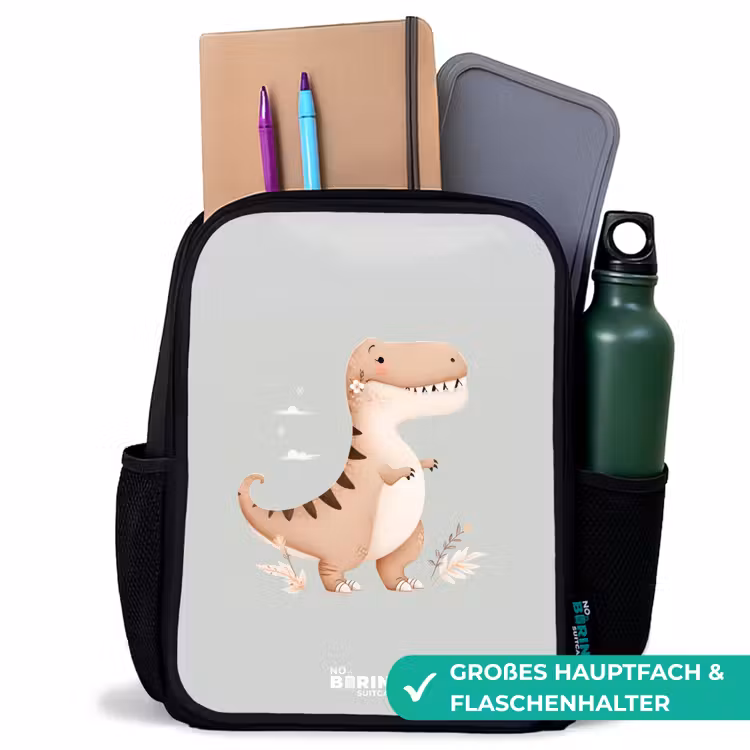 Dino in beige en grijze kleuren Rugzak - Zwart middel -inhoud_DE