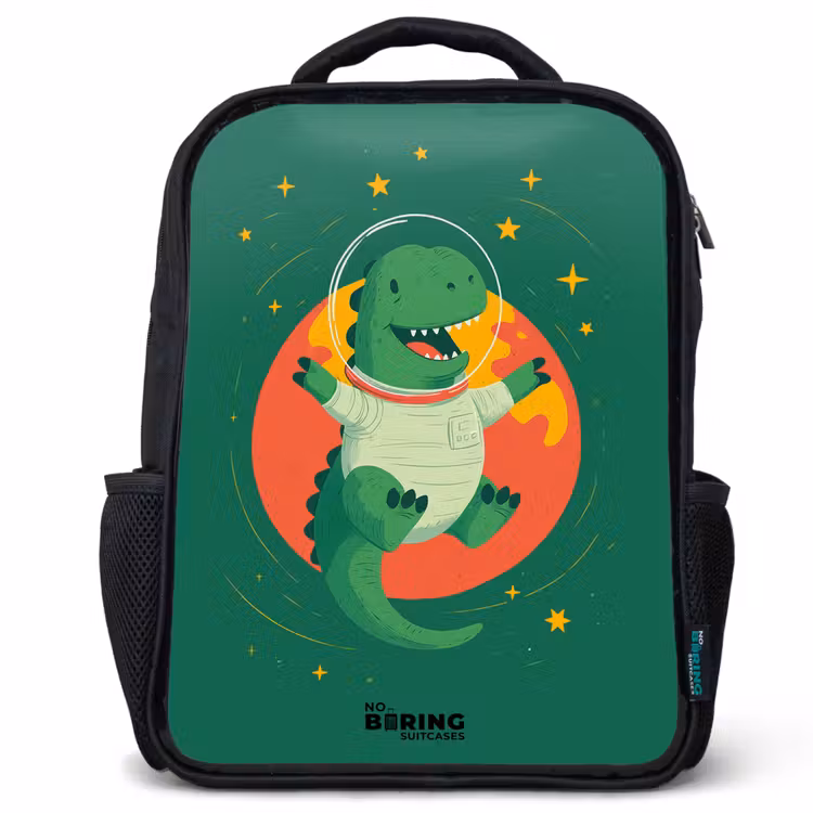 Dino - Planeet - Sterren - Groen Rugzak - Zwart middel -3d
