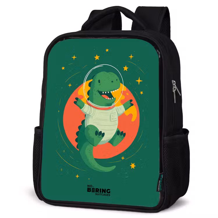 Dino - Planeet - Sterren - Groen Rugzak - Zwart middel -schuin