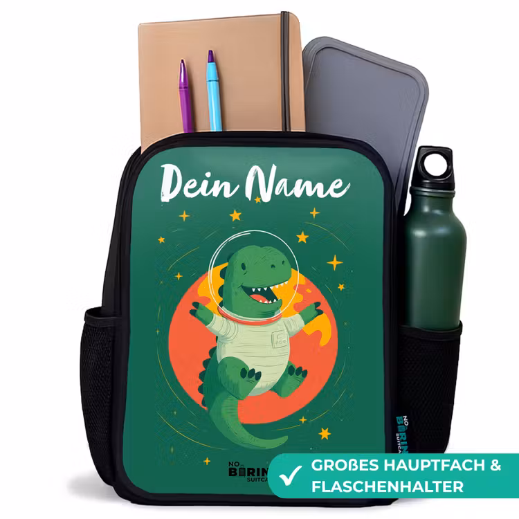 Dino - Planeet - Sterren - Groen Rugzak - Zwart middel -inhoud_DE