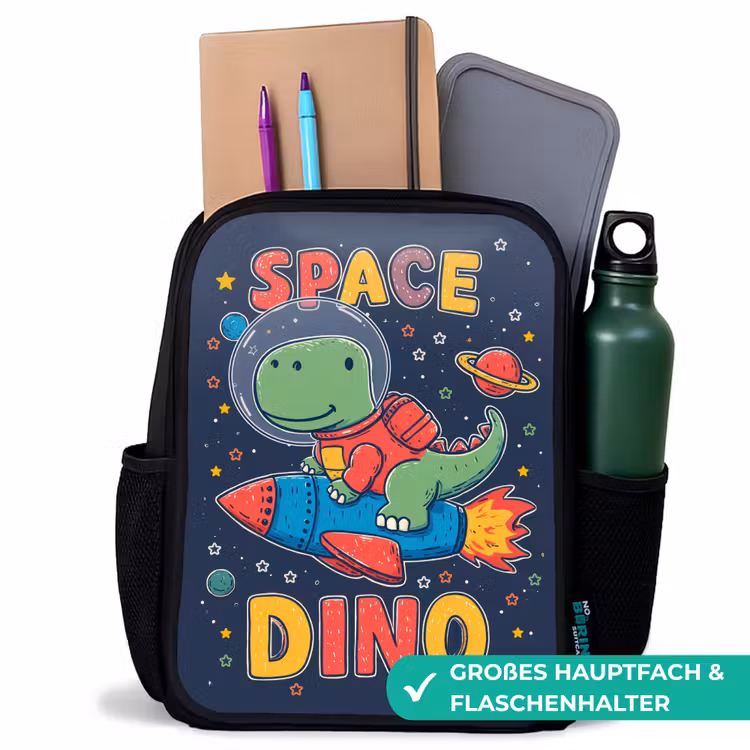 Dino - Raket - Kleurrijk Rugzak - Zwart middel -inhoud_DE
