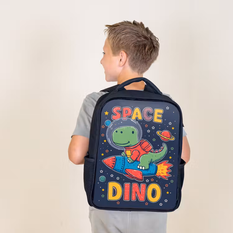 Dino - Raket - Kleurrijk Rugzak - Zwart middel -sfeer2