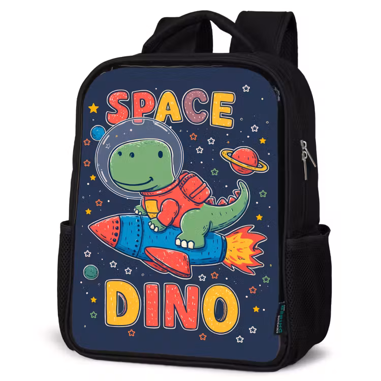 Dino - Raket - Kleurrijk Rugzak - Zwart middel -schuin