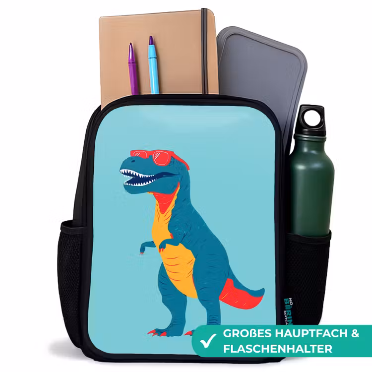 Dinosaurus - Blauw - Zonnebril Rugzak - Zwart middel -inhoud_DE