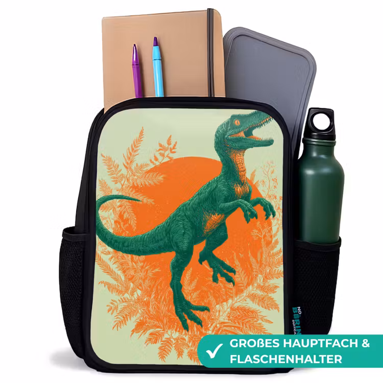 Dinosaurus - Groen - Planten - Cirkel Rugzak - Zwart middel -inhoud_DE