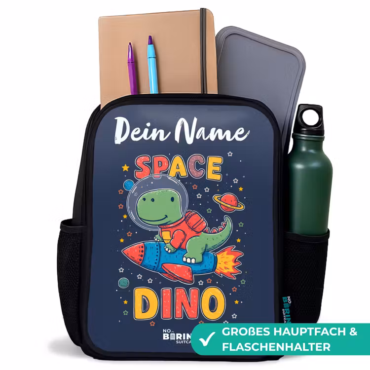 Dinosaurus - Groen - Raket - Sterrenhemel Rugzak - Zwart middel -inhoud_DE