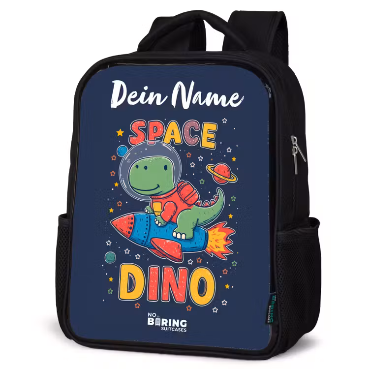 Dinosaurus - Groen - Raket - Sterrenhemel Rugzak - Zwart middel -schuin